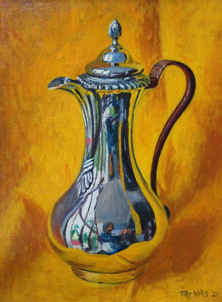 Silver kaffekanna 2021 (olja) av Tilly Willis
