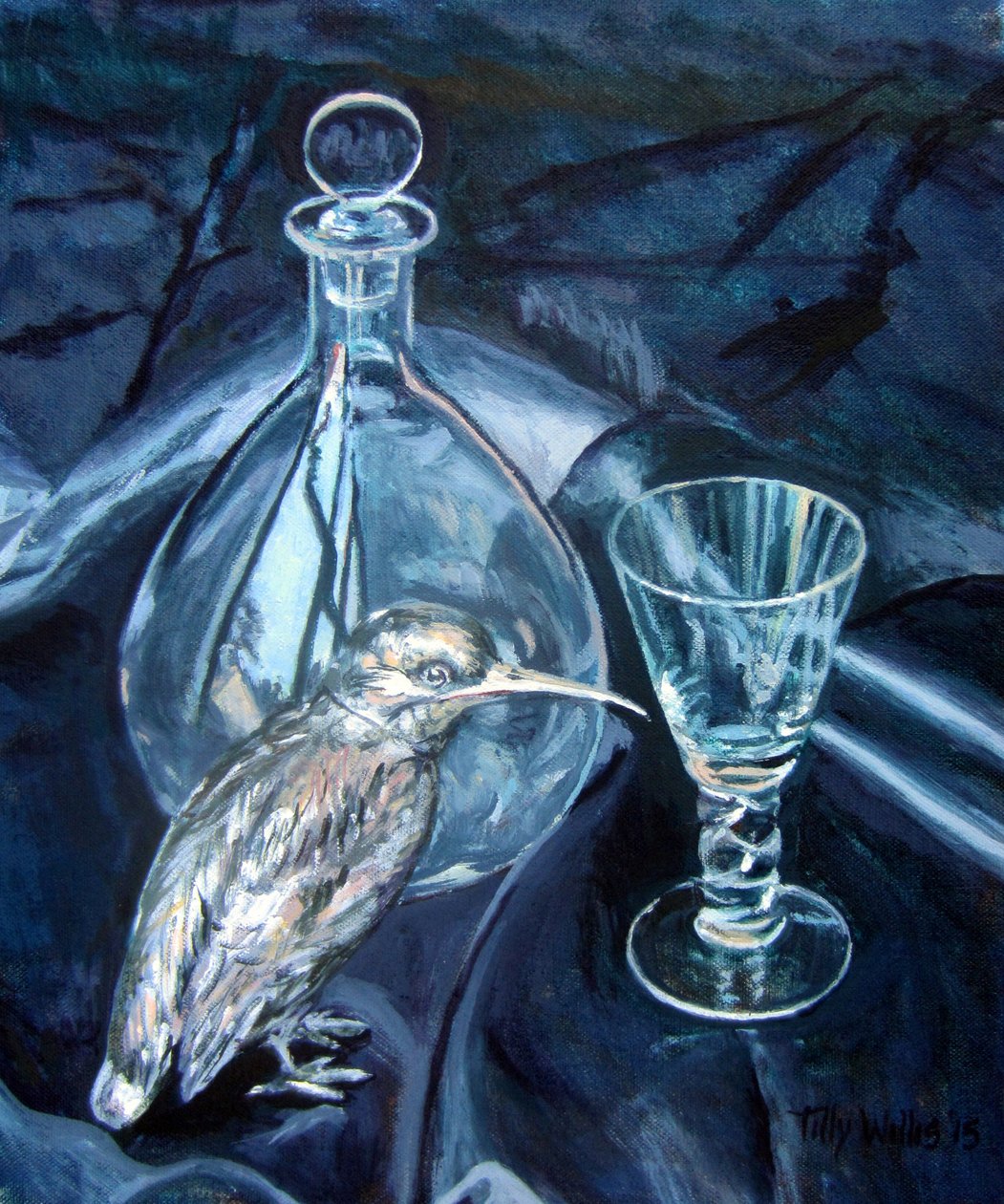 Stilleben med Silver Kingfisher 2018 (olja på duk) av Tilly Willis