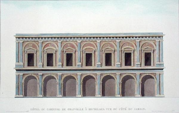Residens för kardinal de Granvelle (1517-86), Bryssel, Utsikt från trädgården, från "Val av de mest anmärkningsvärda monumenten, byggnaderna och husen i Konungariket Nederländerna" av Pierre Jacques Goetghebuer, publicerad 1827 (akvatint) (se även 189226) av Tilman Francois (after) Suys