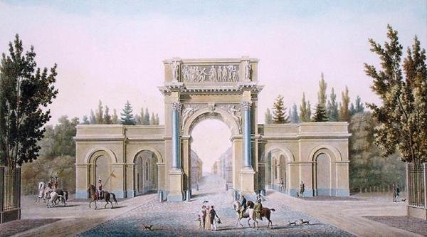 Porte de Guillaume, Bryssel, från "Val av de mest framstående monumenten, byggnaderna och husen i kungariket Nederländerna" av Pierre Jacques Goetghebuer, graverad av författaren, publicerad 1827 (akvatint) av Tilman Francois (after) Suys