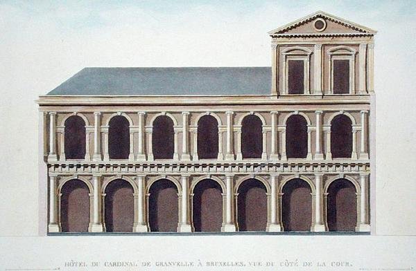Sidovy av kardinal de Granvelles residens (1517-86), Bryssel, från "Val av de mest anmärkningsvärda monumenten, byggnaderna och husen i Konungariket Nederländerna" av Pierre Jacques Goetghebuer, graverad av författaren, publicerad 1827 (akvatint) ) (se äve av Tilman Francois (after) Suys
