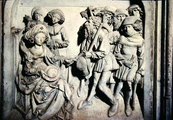 Grav av Henri II (973-1024) och hans fru Kunigunde, detalj av Kunigunde som avskedar oärliga tjänare av Tilman Riemenschneider
