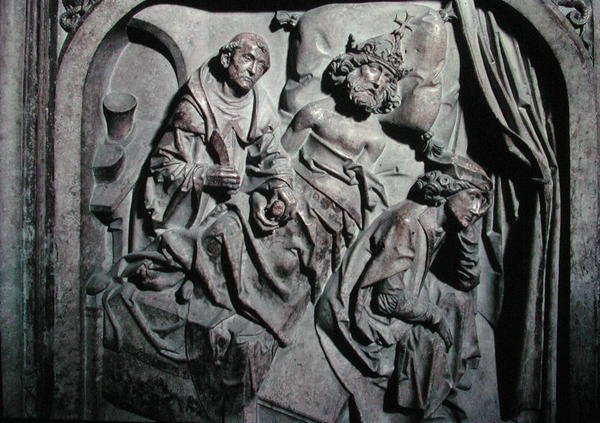Grav av Henri II (973-1024) och hans hustru Kunigunde, detalj av kejsaren som opererades av St. Benedictus av Tilman Riemenschneider