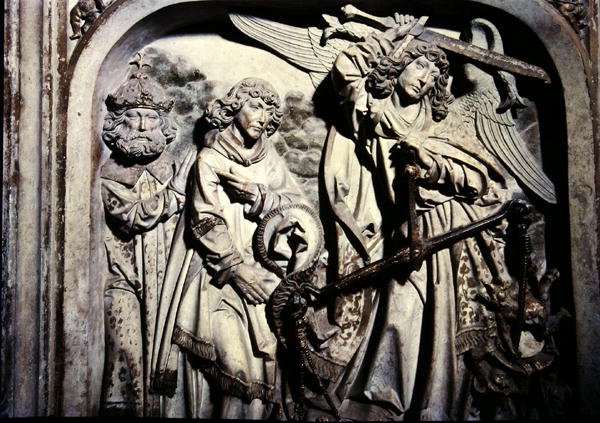Grav av Henri II (973-1024) och hans hustru Kunigunde, detalj av vägningen av Henri II:s hjärta i närvaro av St. Laurence av Tilman Riemenschneider