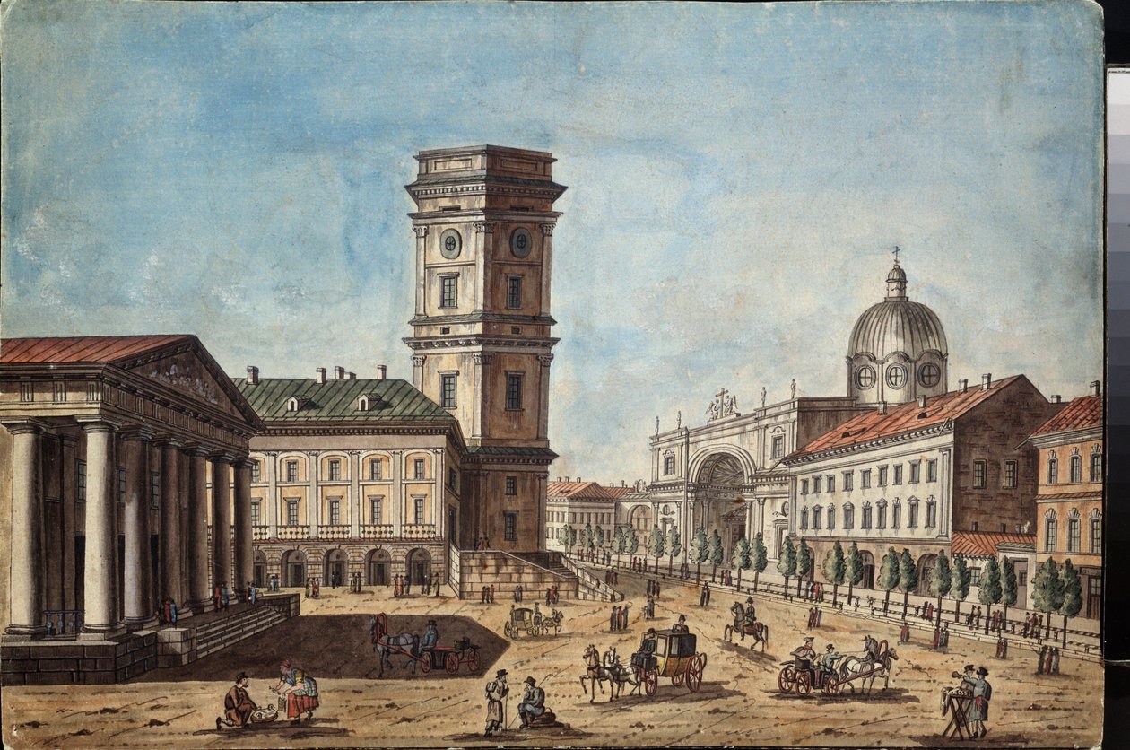 Utsikt över Nevskij Prospekt i Sankt Petersburg (Utsikt över Nevskij Prospekt i Sankt Petersburg) - Verk av Timofei Alexeyevich Vasilyev (1783-1838), akvarell och bläck på papper, cirka 1810 - Rysk konst av Timofei Alexeyevich Vasilyev