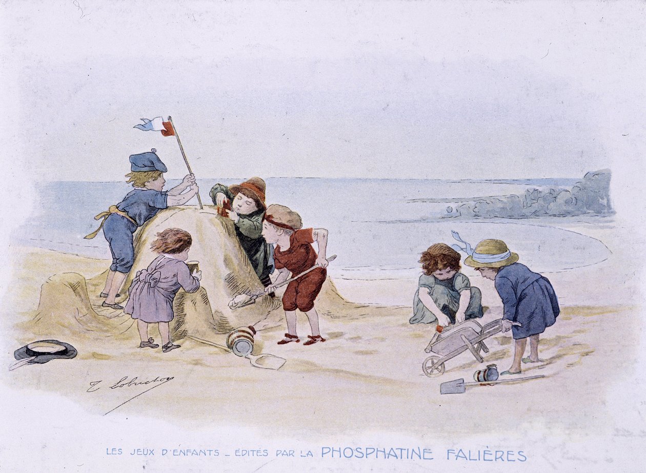 Barnspel: barn bygger ett sandslott - dess. de Lobrichon, red. av Phosphatine Falières, v.1920 av Timoleon Marie Lobrichon