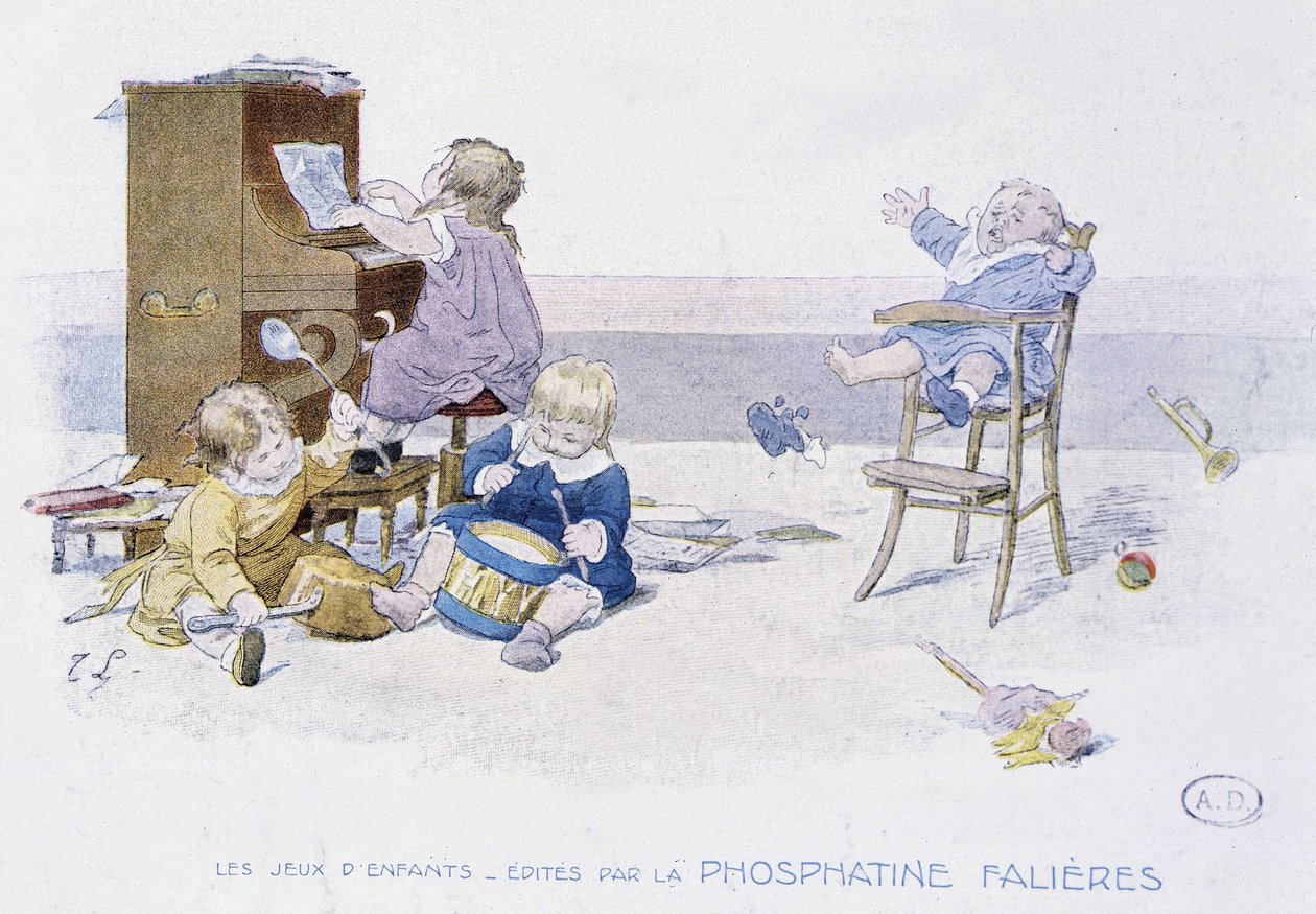 Barnspel: barn som spelar olika musikinstrument - dess. de Lobrichon, red. av Phosphatine Falières, v.1920 av Timoleon Marie Lobrichon