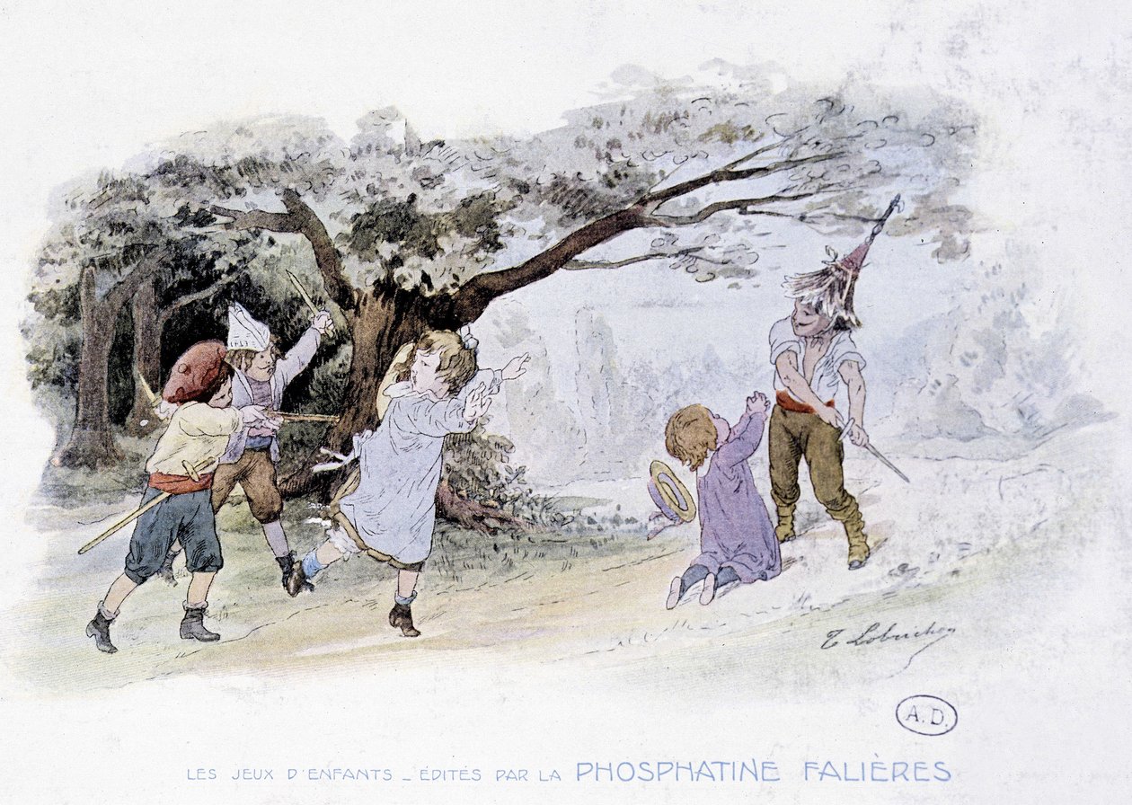 Barnspel: barn som leker krig, soldater - dess. de Lobrichon, red. av Phosphatine Falières, v.1920 av Timoleon Marie Lobrichon