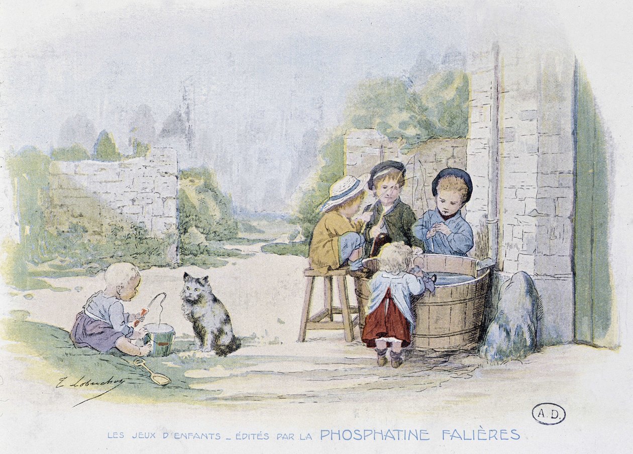 Barnspel: leken att fiska i en hink - dess. de Lobrichon, red. av Phosphatine Falieres, v.1920 av Timoleon Marie Lobrichon
