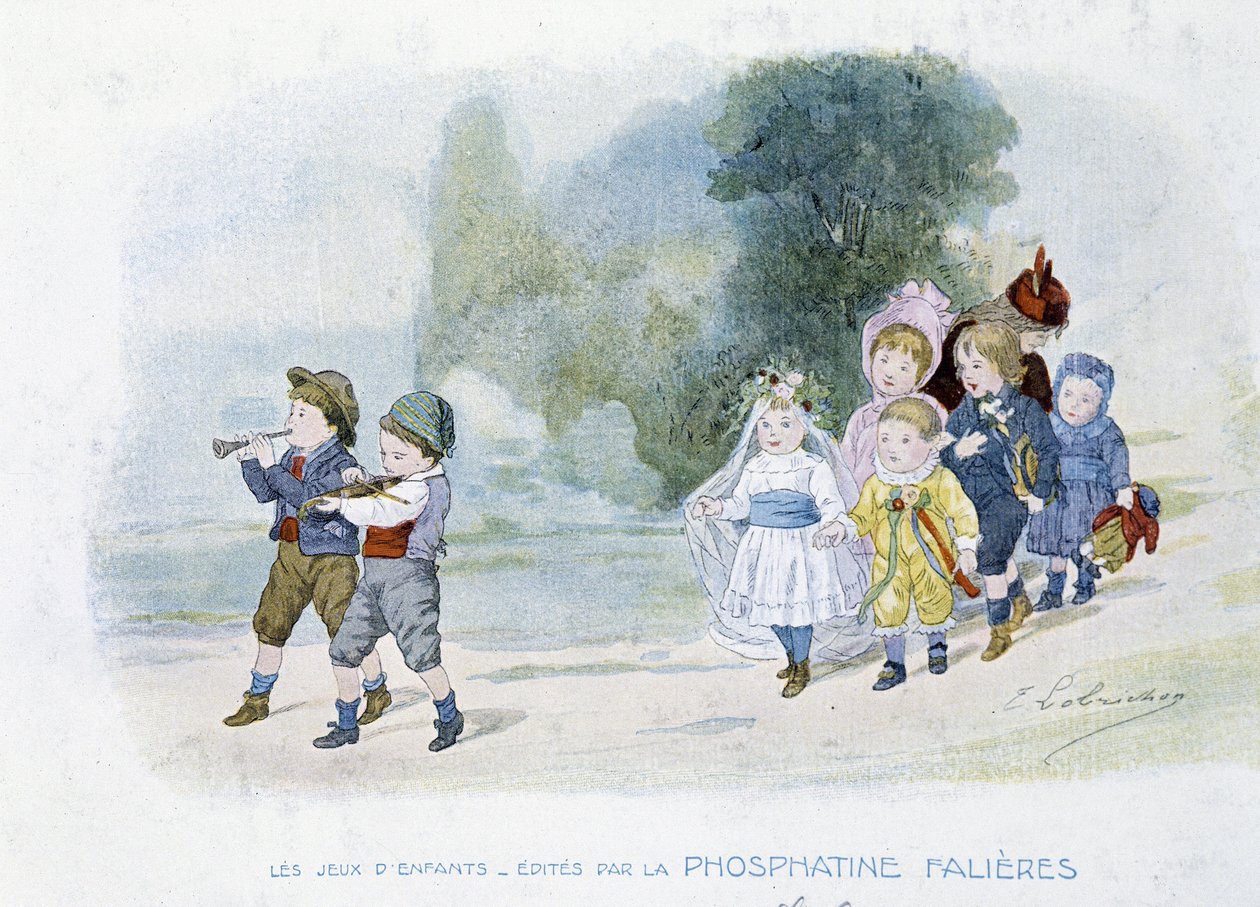 Barnspel: bröllopståg, barn utklädda till brudar - dess. de Lobrichon, red. av Phosphatine Falières, v.1920 av Timoleon Marie Lobrichon