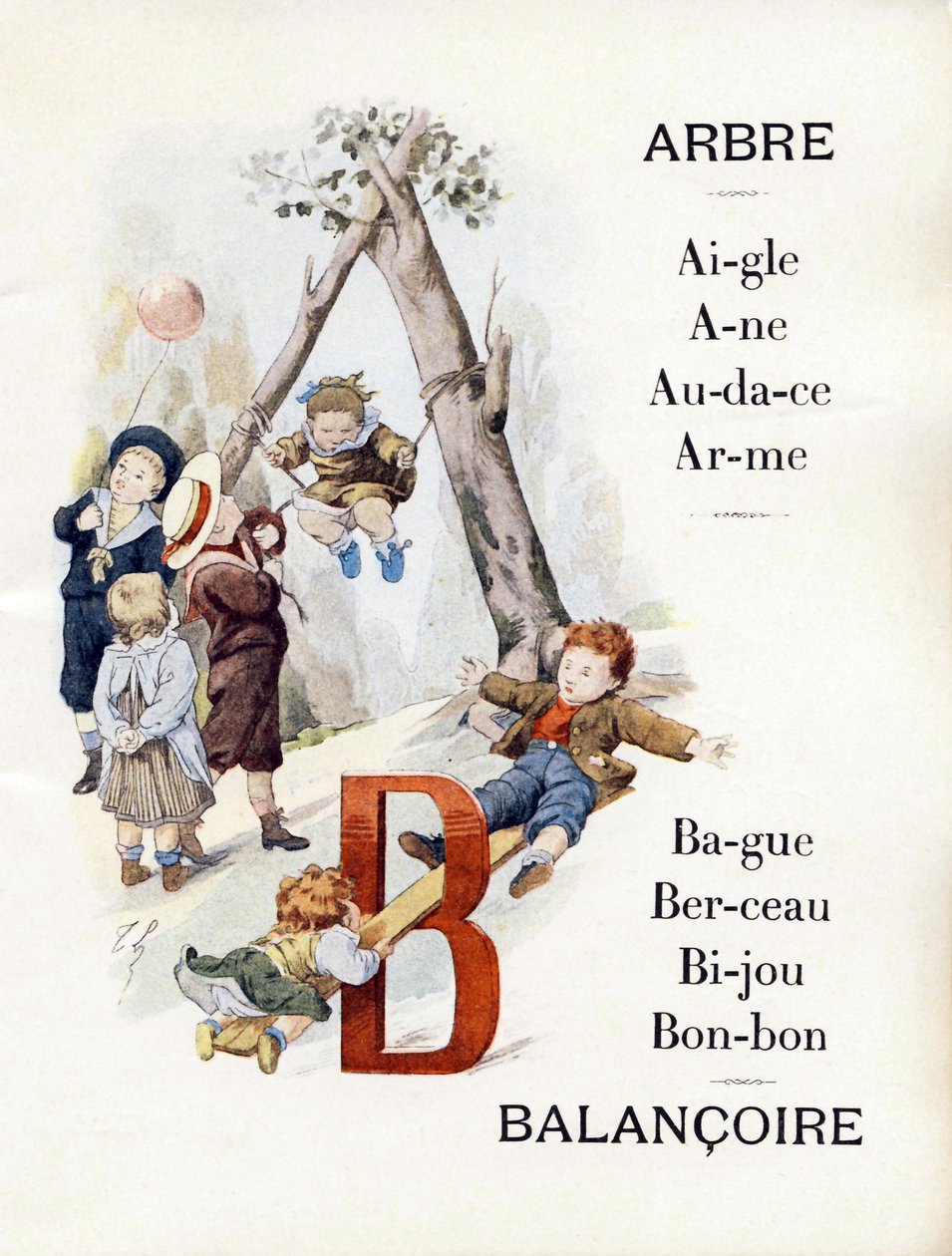 Bokstäverna A och B representerar barn som spelar gungan, sent 1800-tal (kromolitografi) av Timoleon Marie Lobrichon