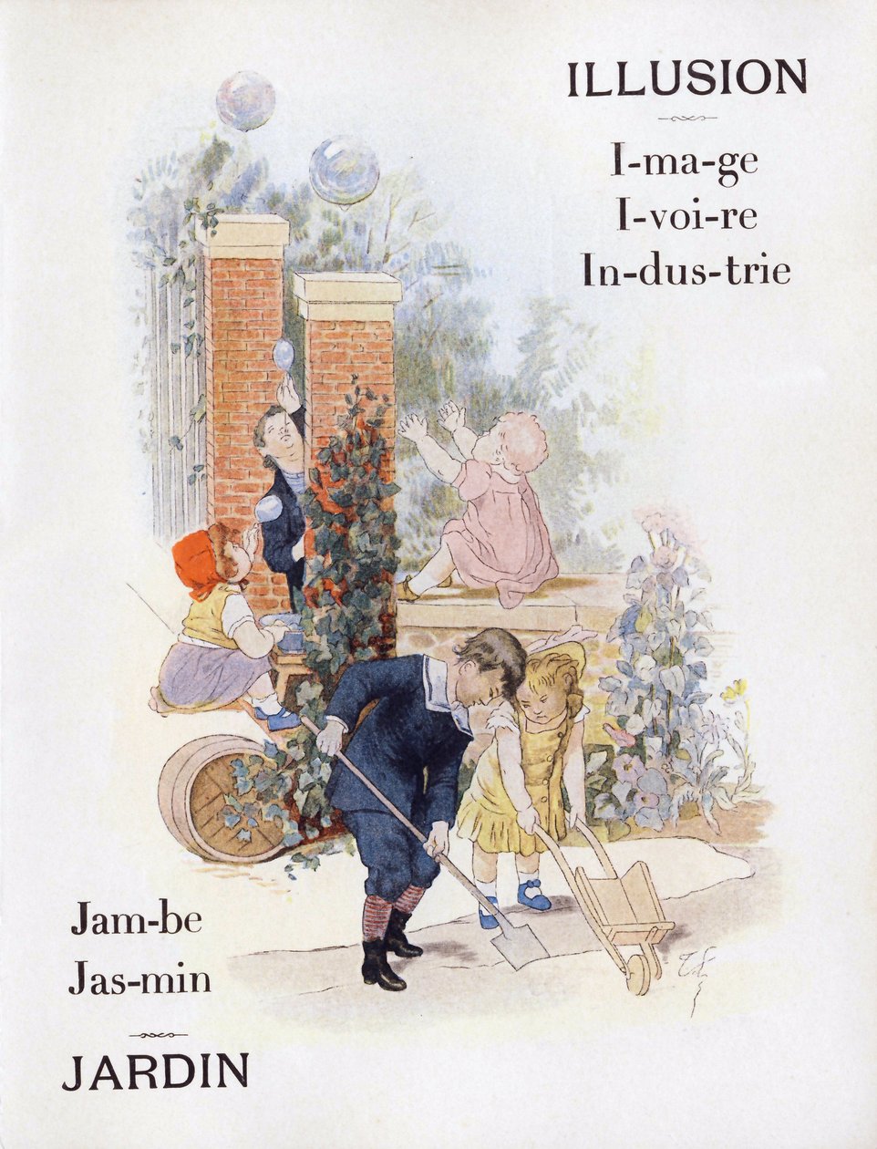 Bokstäverna I och J representerar barn i en trädgård, sent 1800-tal (kromolitografi) av Timoleon Marie Lobrichon