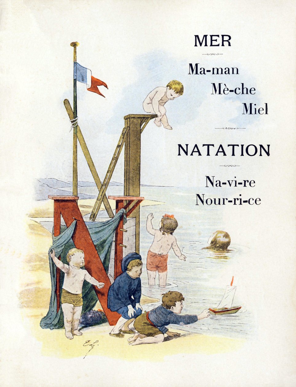 Bokstäverna M och N representerar barn vid stranden, sent 1800-tal (kromolitografi) av Timoleon Marie Lobrichon
