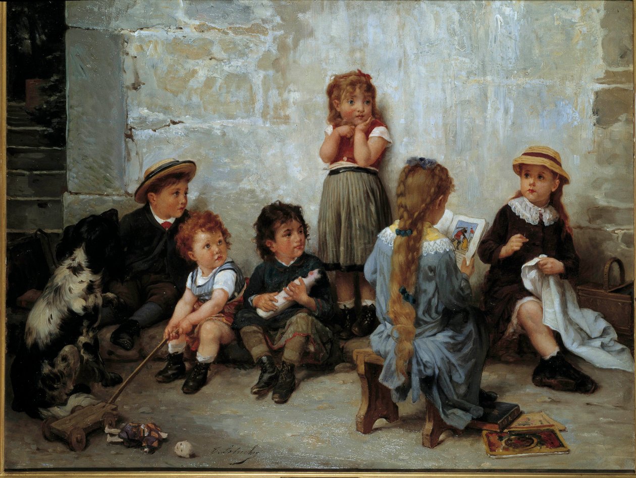 Den spännande passagen Barn som lyssnar på en bok. Målning av Timoleon Lobrichon (1831-1914) 1800-talet. Privat samling av Timoleon Marie Lobrichon