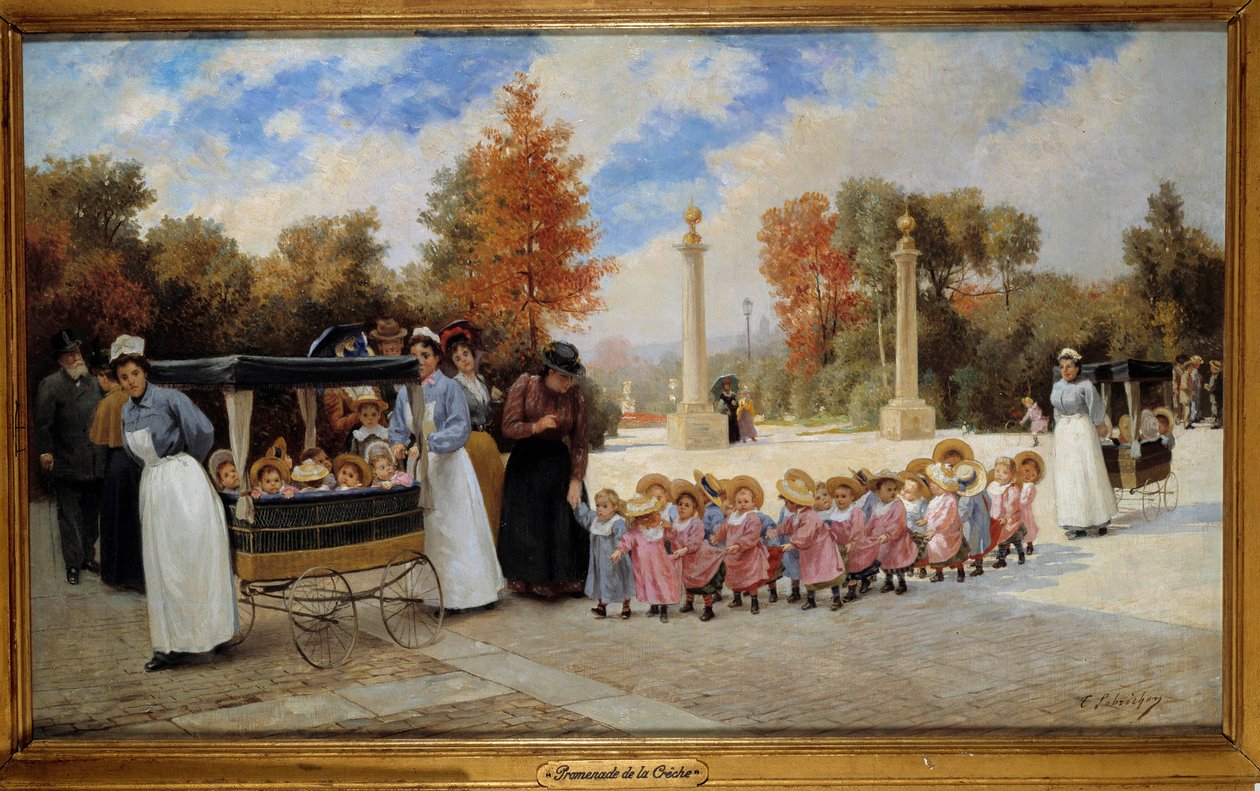 Gå från daghemmet till Tuilerierna Sjuksköterskor promenerar barn med vagnar. Målning av Timoleon Lobrichon (1831-1914) 1800-talet. Privat samling - Promenade of Children i Tuileries trädgårdar. Barnskötare tar promenad med barn i vagnar. Målar av av Timoleon Marie Lobrichon