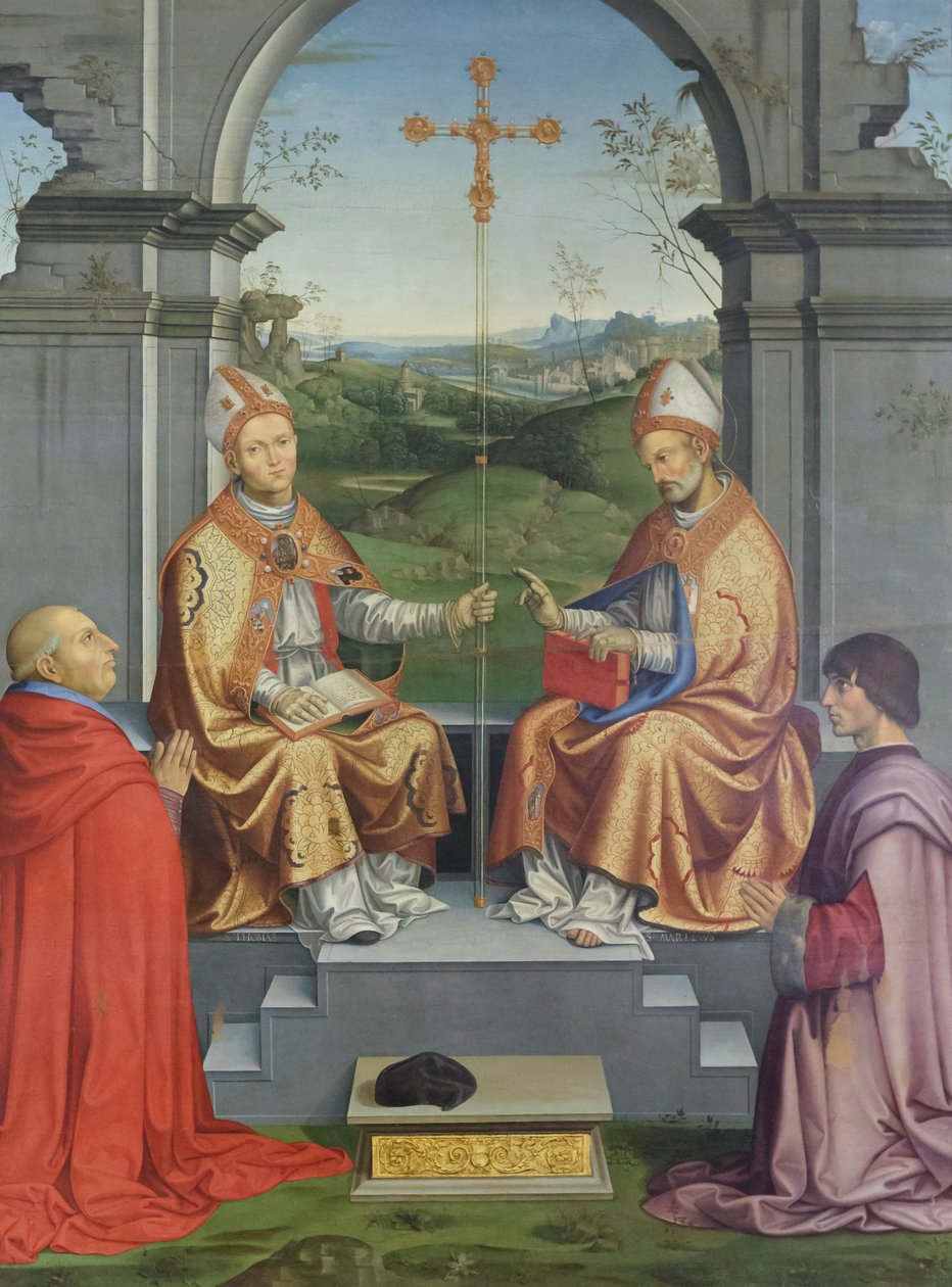 Helgonen Thomas Becket och Martin av Tours tillbedjs av biskop Giovanni Pietro Arrivabene och hans brorson Giacomo av Timoteo Viti