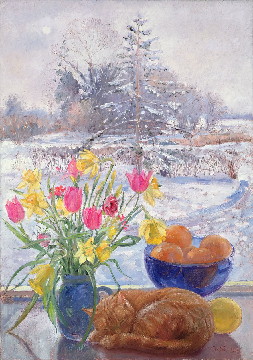 Böjd katt med blommor av Timothy Easton