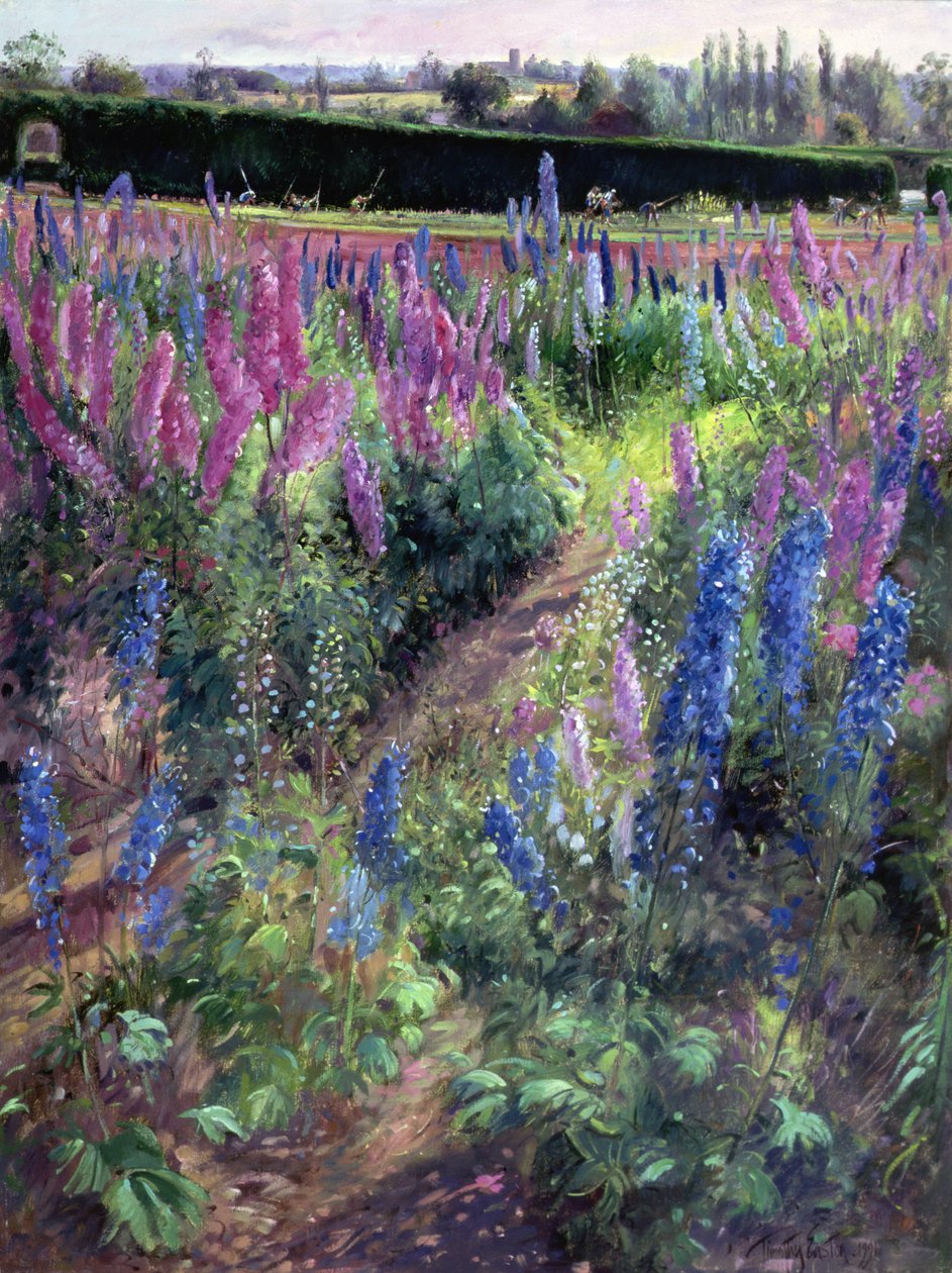Delphinium Field och Hoers, 1991 av Timothy Easton