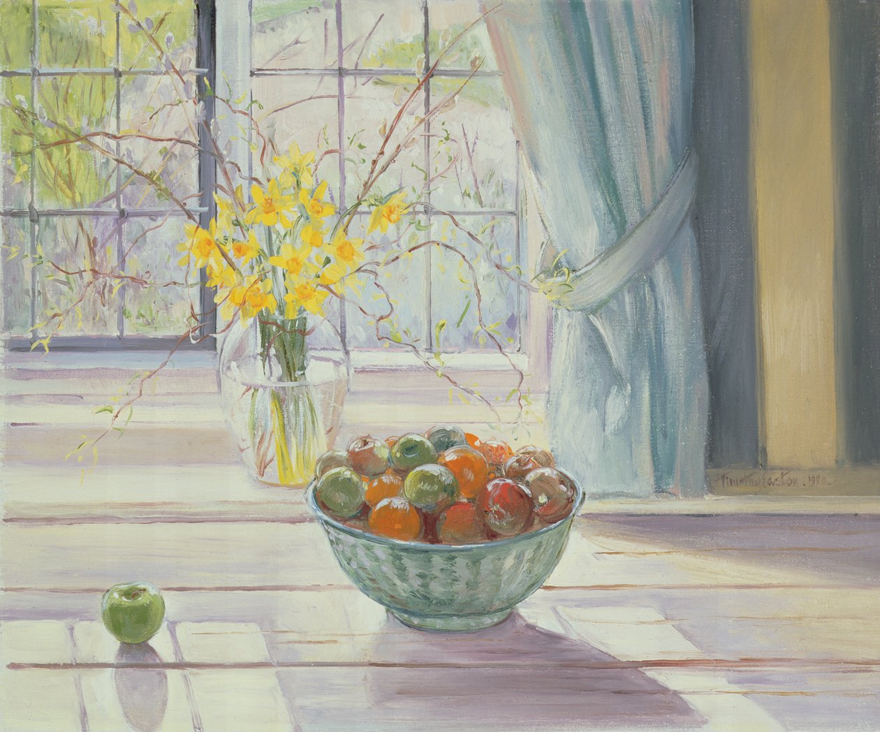 Fruktskål med vårblommor, 1990 av Timothy Easton