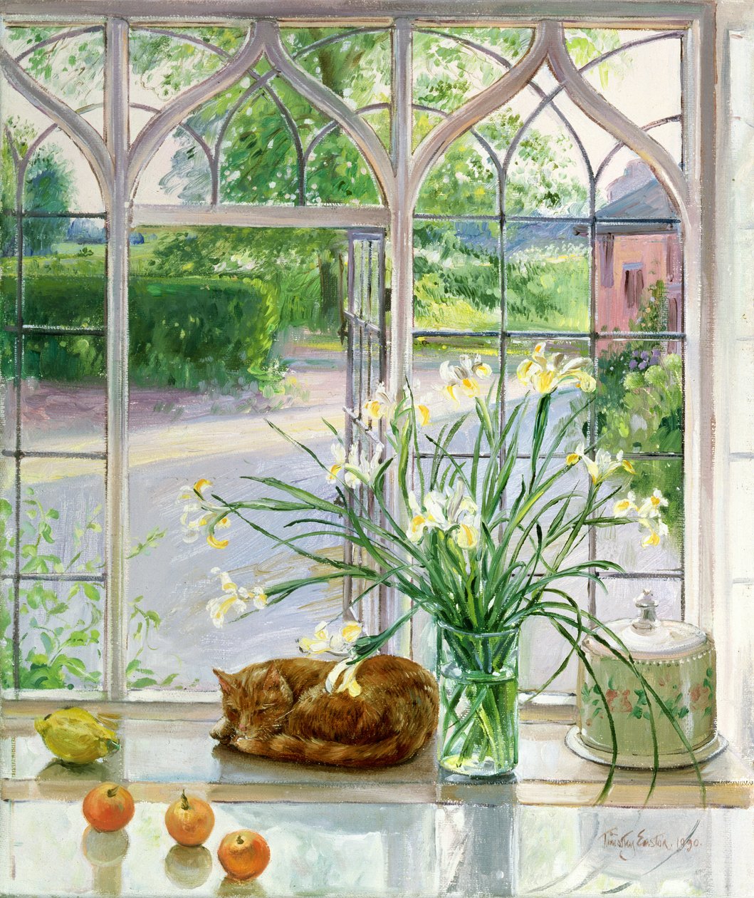 Iris och sovande katt, 1990 av Timothy Easton