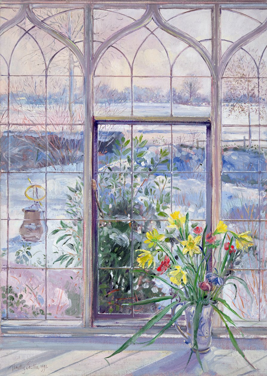 Påskliljor och solur mot snön av Timothy Easton