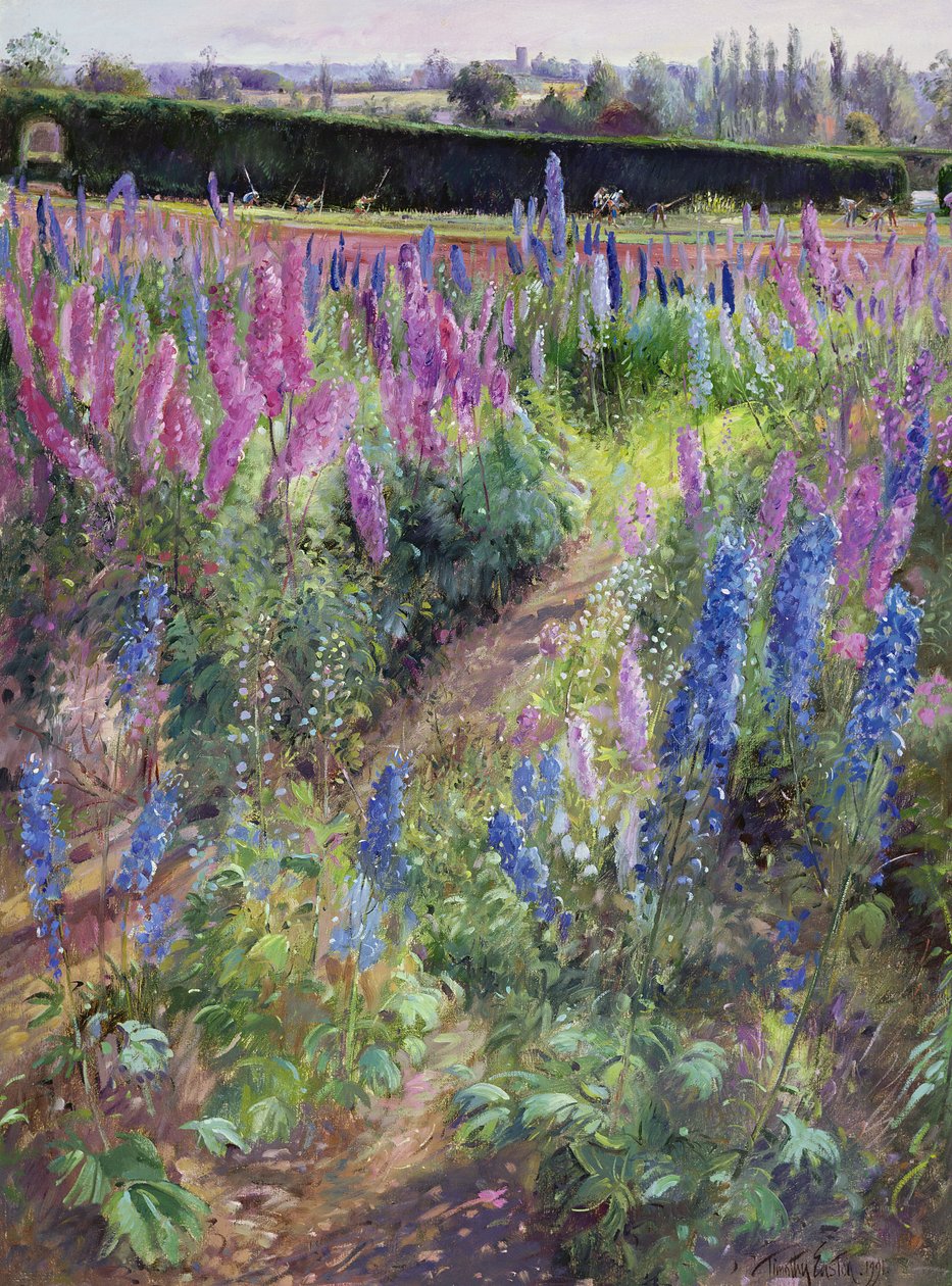 Delphiniums och Hoers, 1991 av Timothy Easton