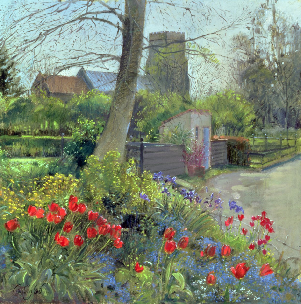 Røde Tulipaner og Bedfield Kirke (olie på lærred) swed av Timothy Easton