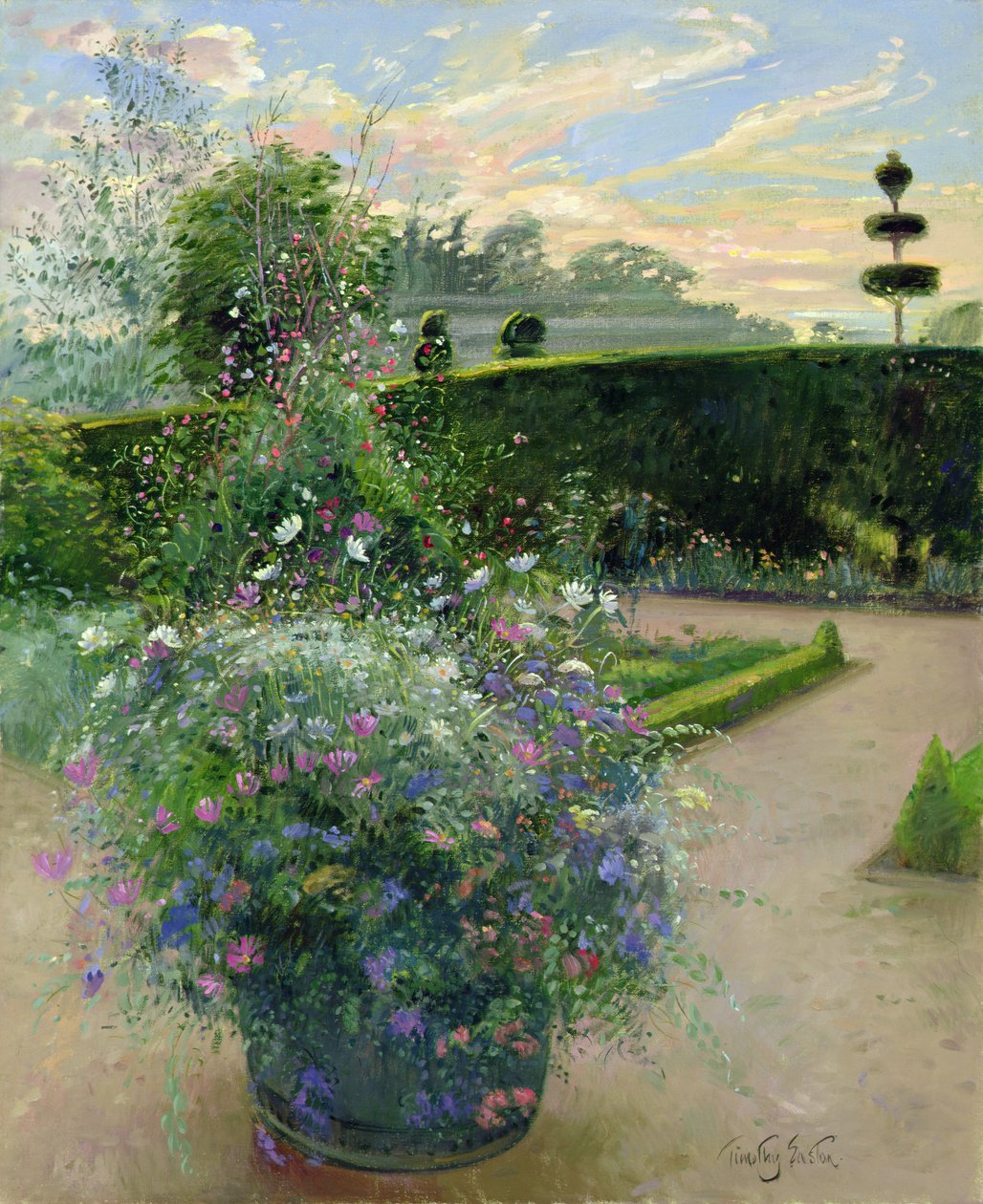 White Daisies Against the Sweetpea Trellis (olja på duk) av Timothy Easton