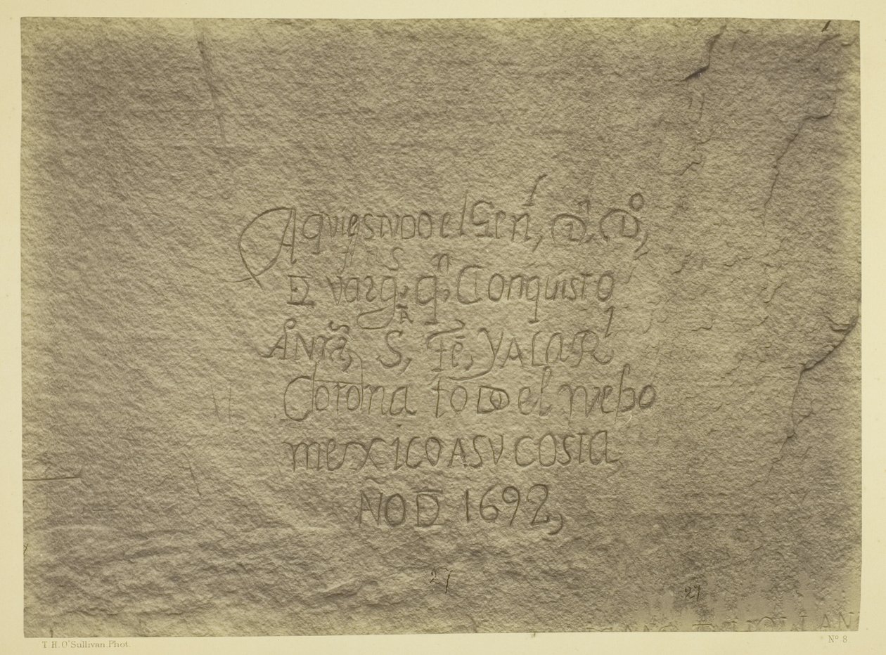 Historic Spanish Record of the Conquest, södra sidan av Inscription Rock, N.M. Geographical  Geological Explorations  Surveys West of the 100th Meridian. Expeditionen 1873. -Löjtnant Geo. M. Wheeler, ingenjörskåren, befälhavare. av Timothy O