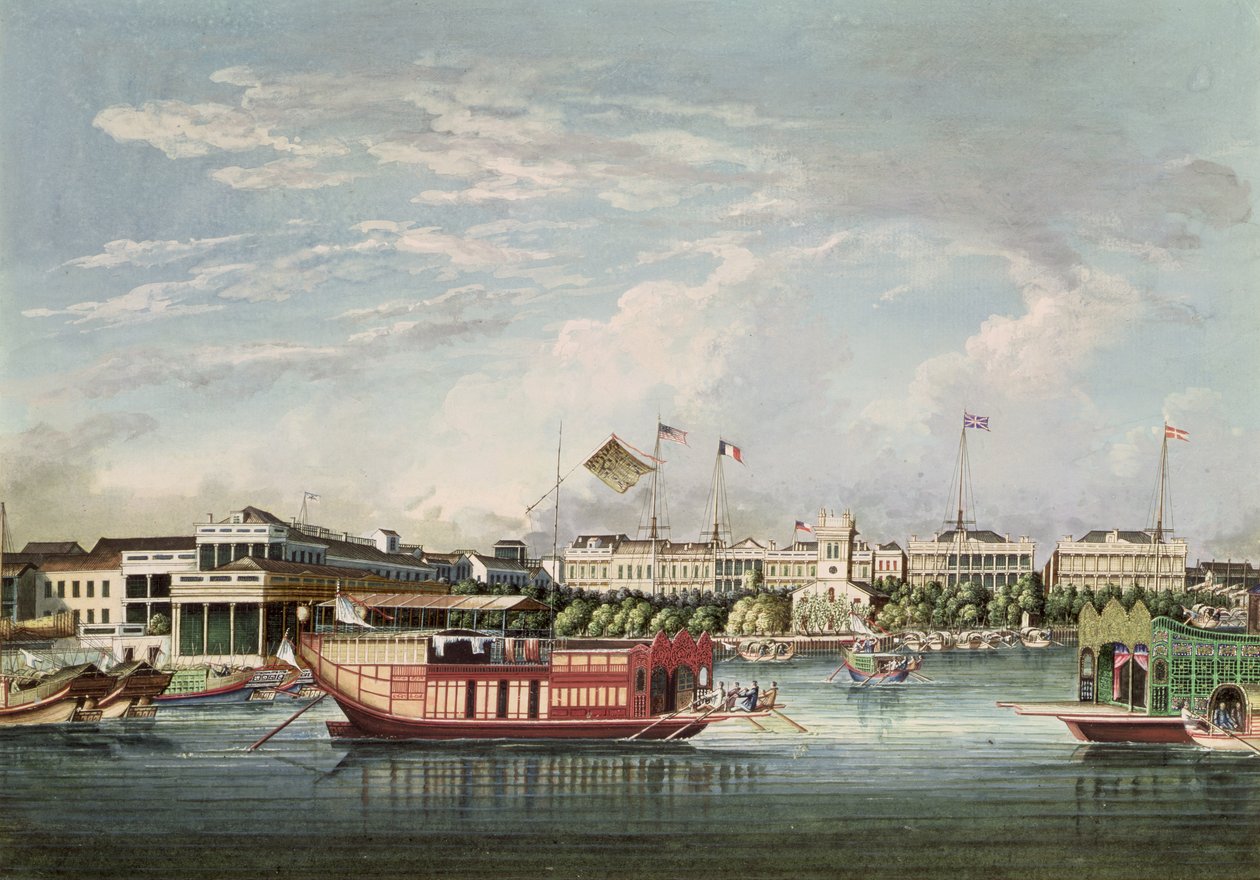 Vy över Canton, ca 1860 (bläck och wc på papper) av Tinqua