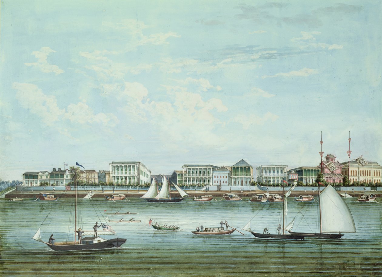 Utsikt över Shanghai, ca 1860 (bläck och wc på papper) av Tinqua