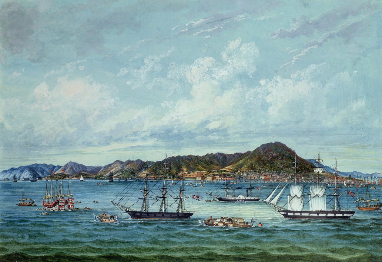 Utsikt över Hong Kong, ca 1860 (bläck och wc på papper) av Tinqua