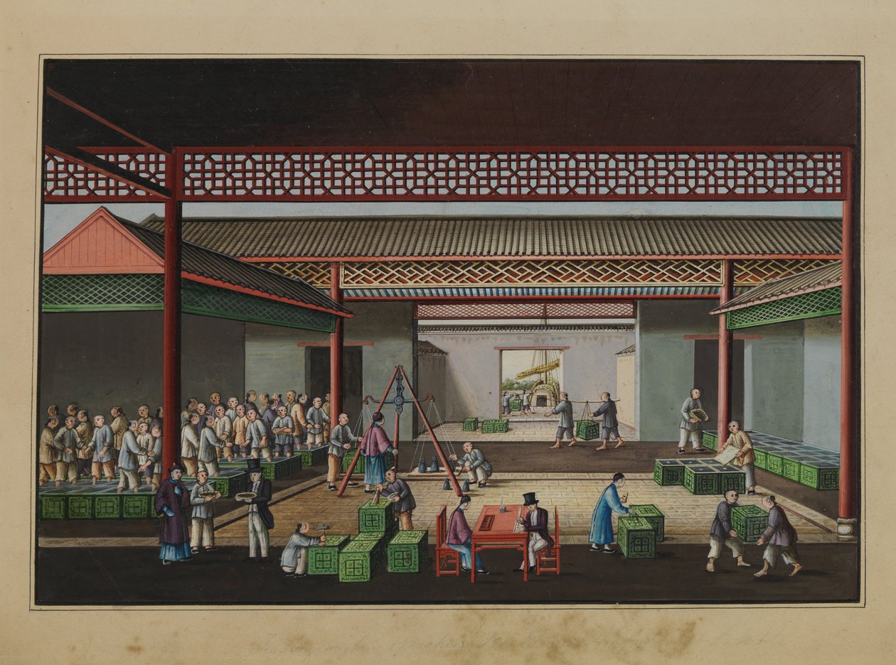 Vägning och inköp av te, ca 1860 (akvarell på papper) av Tinqua