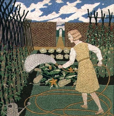 En kvinna som vattnar trädgården (handarbete) av Tirzah Ravilious
