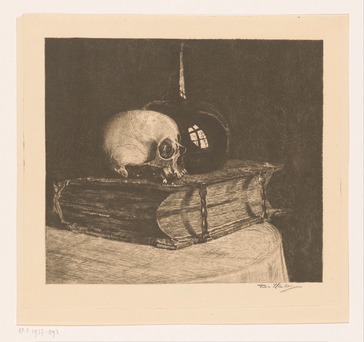 Stilleben med skalle och bibel av Titia Heukers (signed by artist)