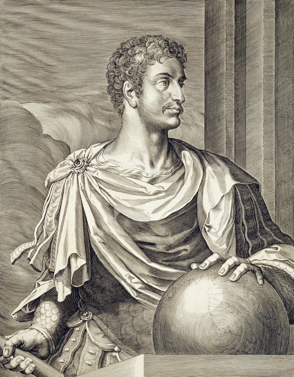 D. Octavius ​​​​Augustus (63 BC - 14 AD) Kejsare av Rom 27 BC - 14 AD graverad av Aegidius Sadler (1570-1629) av Tiziano Vecelli