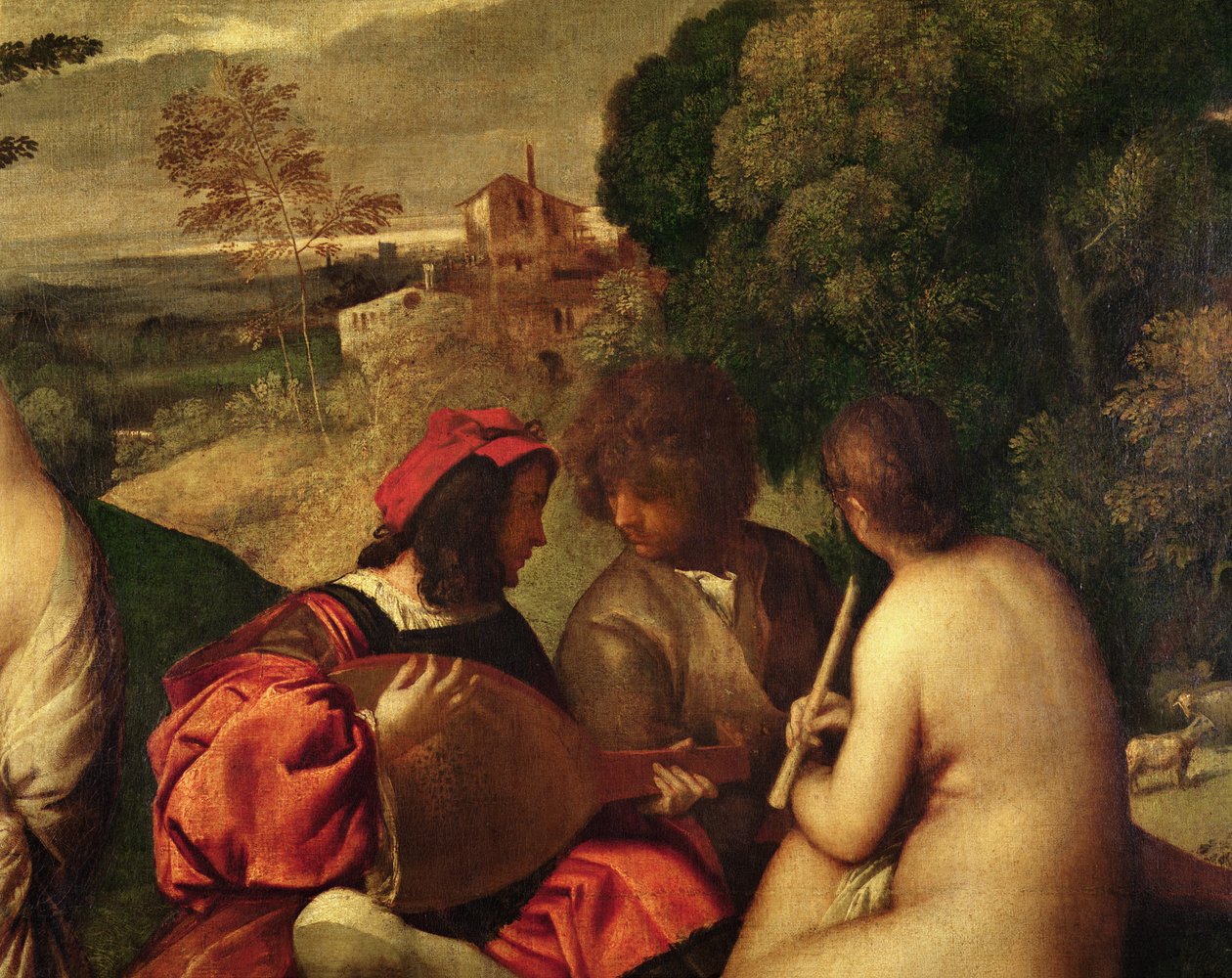Le Concert Champetre friluftskonsert, c.1510 olja på duk detalj från 18096 av Tiziano Vecelli
