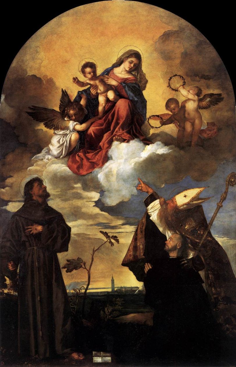 Madonna in Glory with the Christ Child and Sts Francis and Alvise with the Donor av Tiziano Vecelli