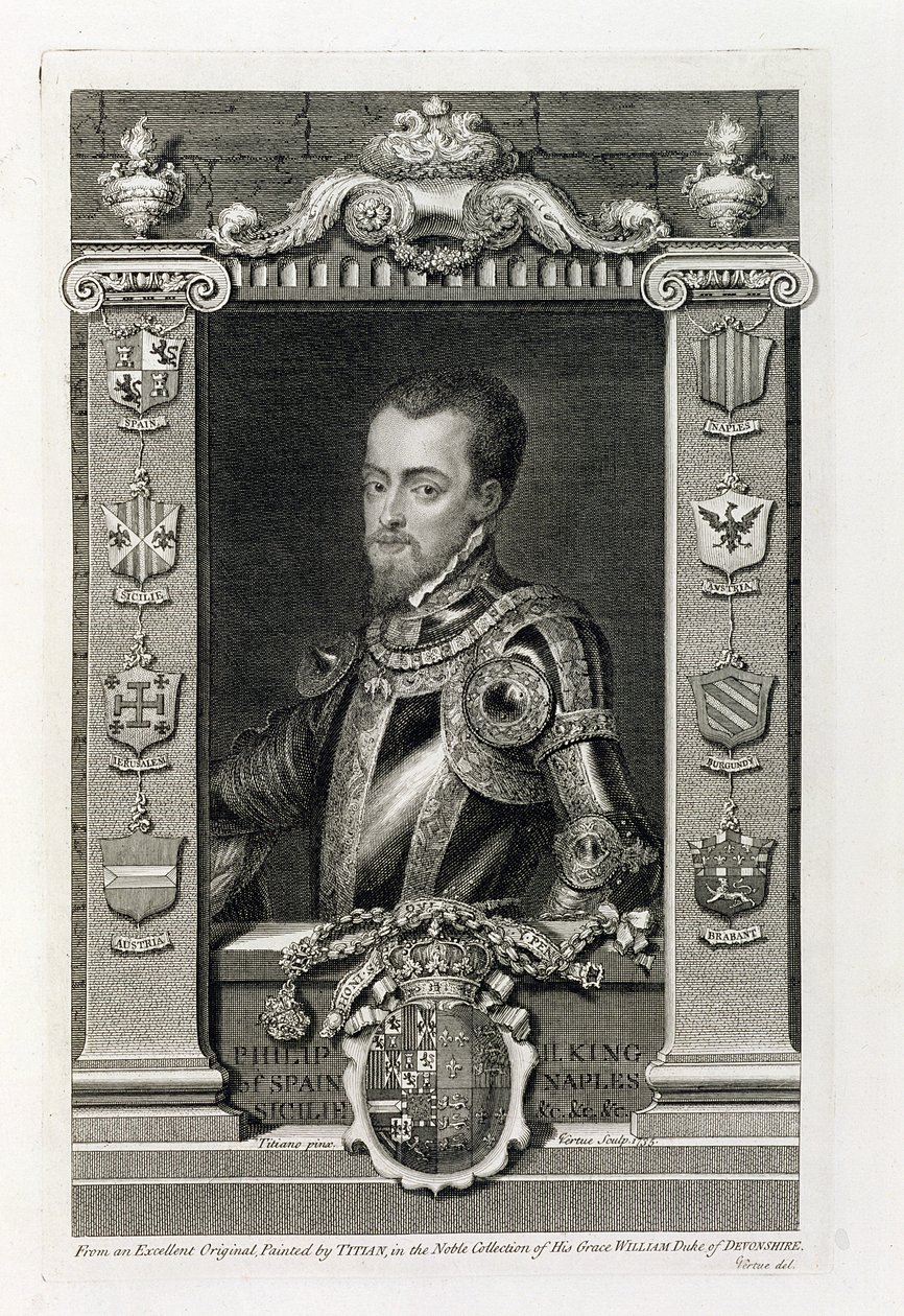 Filip II (1527-98) kung av Spanien från 1556, graverad av George Vertue (1684-1756) 1735 av Tiziano Vecelli