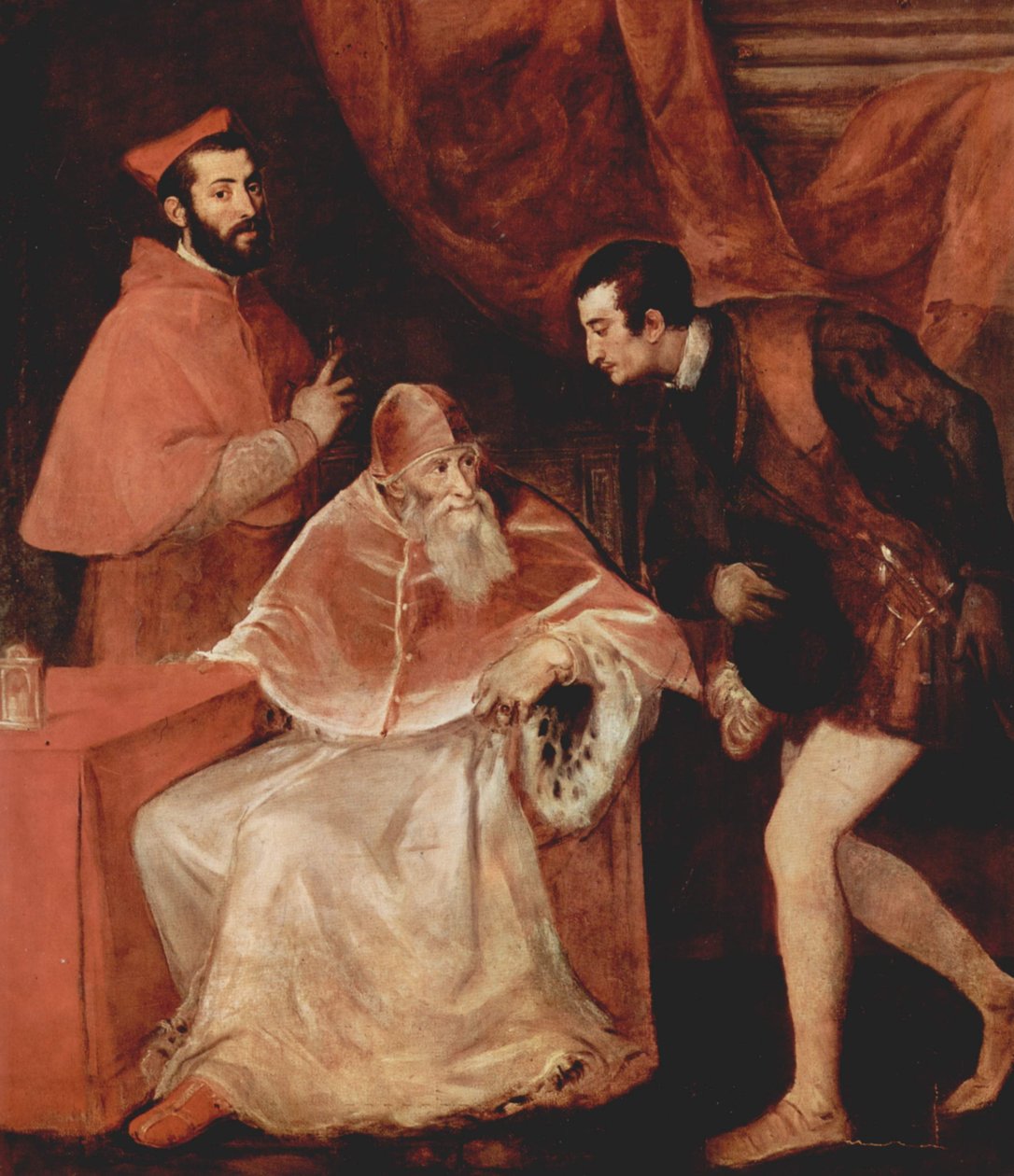 Porträt des Papstes Paulus III mit Kardinal Alessandro Farnese und Herzog Ottavio Farnese av Tiziano Vecelli