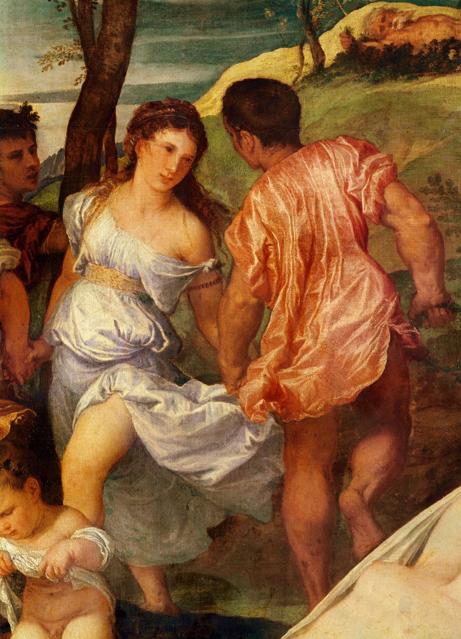 The Bacchanal, detalj av två figurer bakom Ariane. c.1518 olja på duk av Tiziano Vecelli