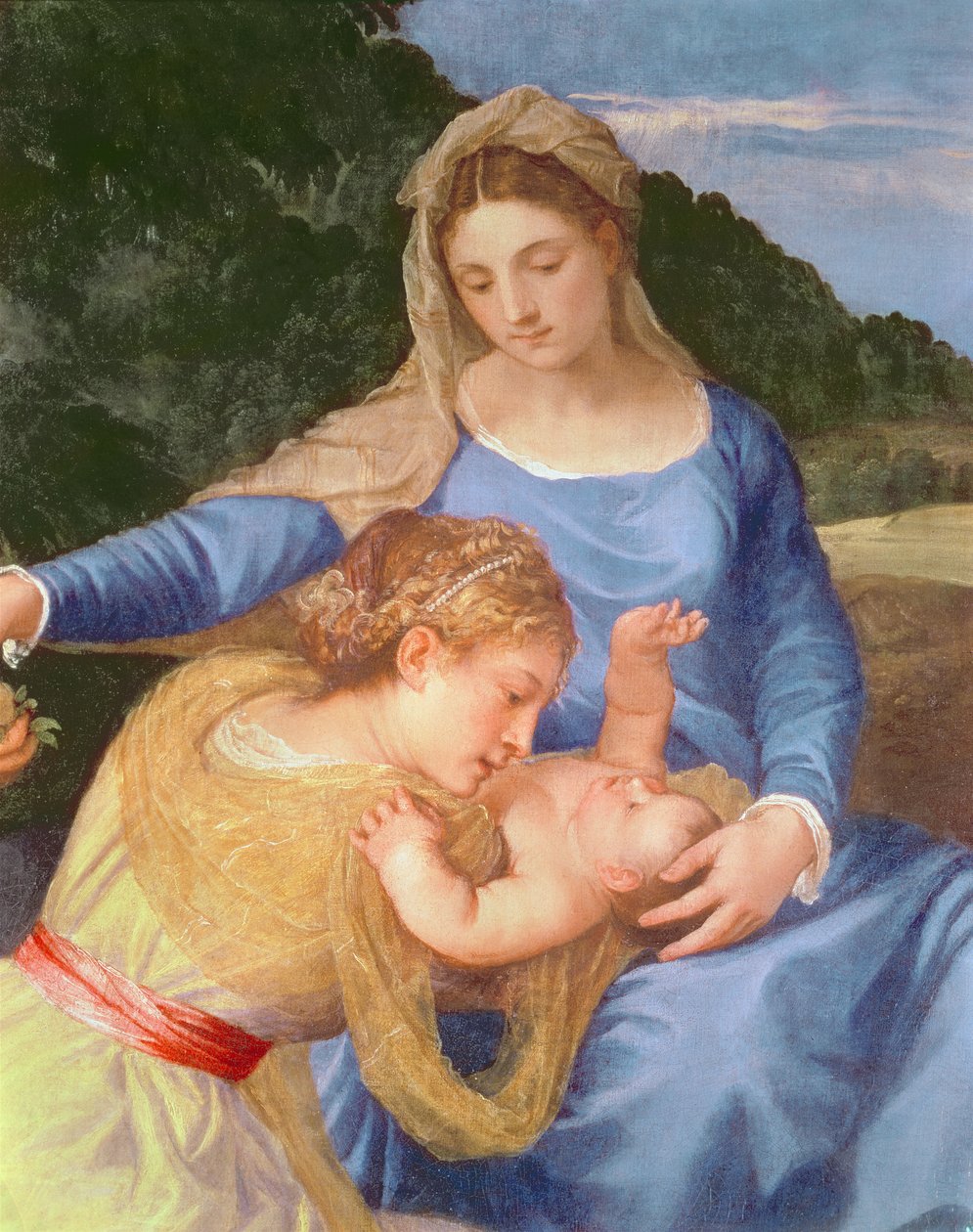Jungfrun och barnet med Johannes Döparen och en kvinnlig helgon, detalj av Jungfrun, Kristusbarnet och kvinnligt helgon, ca 1530-35 olja på duk av Tiziano Vecelli