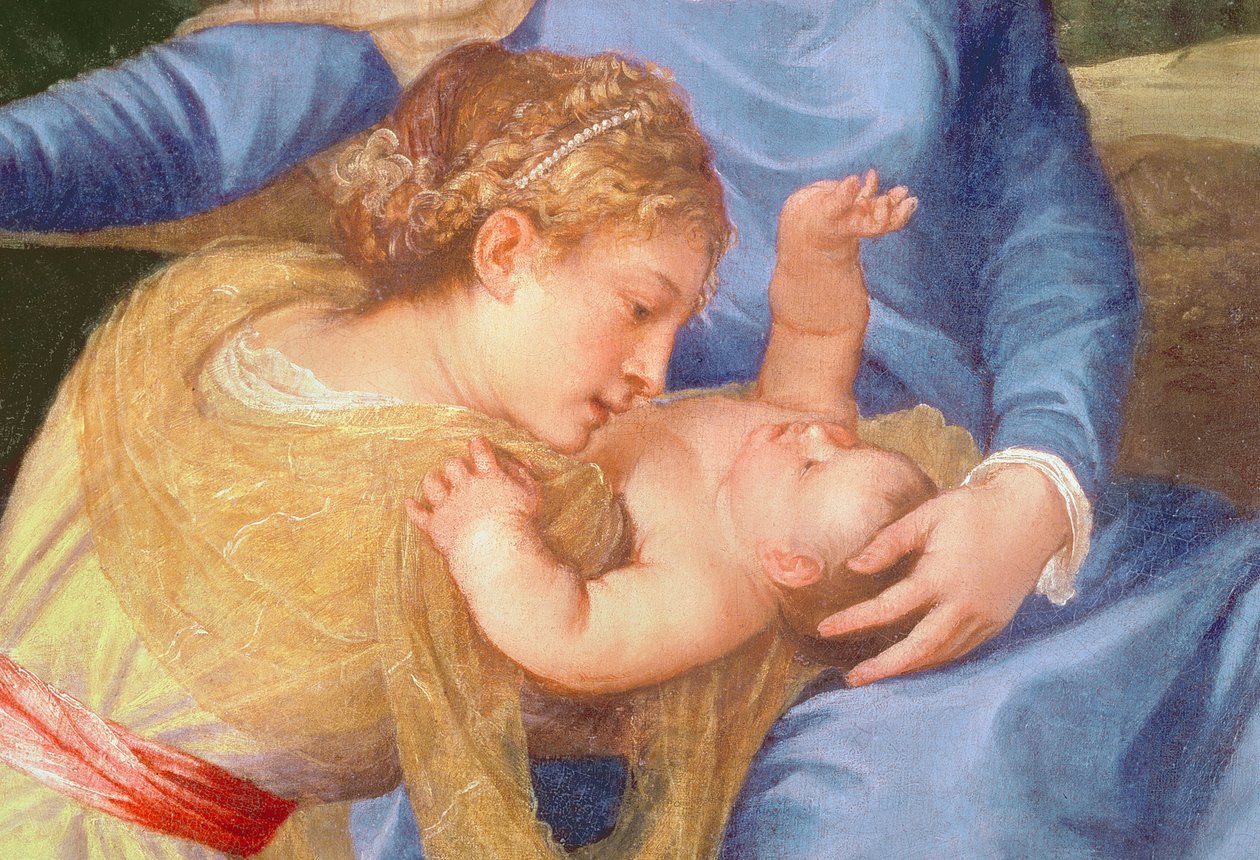 Jungfrun och barnet med Johannes Döparen och ett kvinnligt helgon, detalj av jungfrun, barnet och det kvinnliga helgonet, ca 1530-35 olja på duk av Tiziano Vecelli