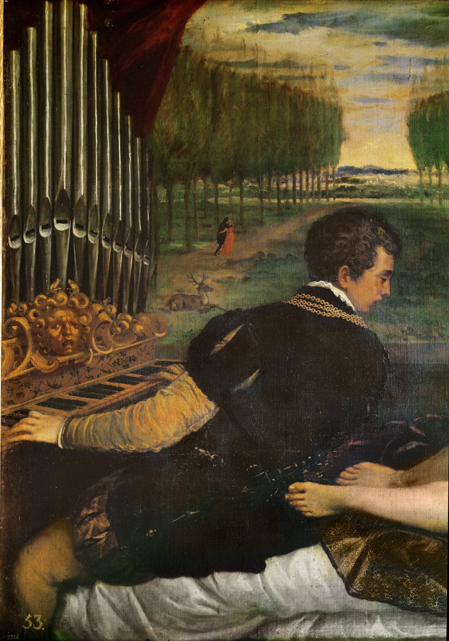 Venus med en organist och Amor eller Ottavio Farn ese, organiste och hans älskarinna (detalj om organisten), ca 1540-50 av Tiziano Vecelli