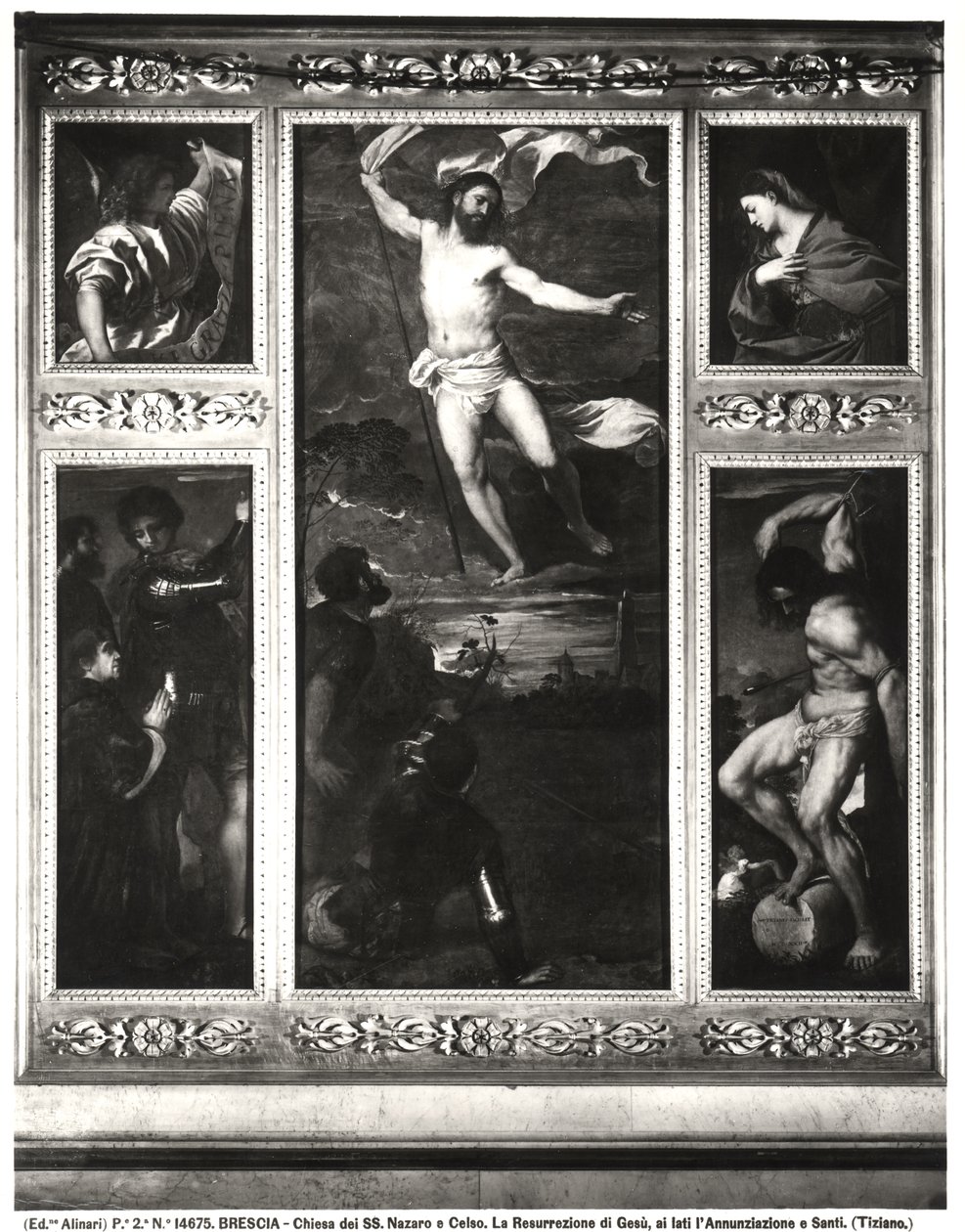 Averoldi Polyptych som skildrar Kristi uppståndelse, bebådelsen, SS Nazarius och Celsus med Averoldi och Sebastians martyrskap, 1522 av Tiziano Vecelli