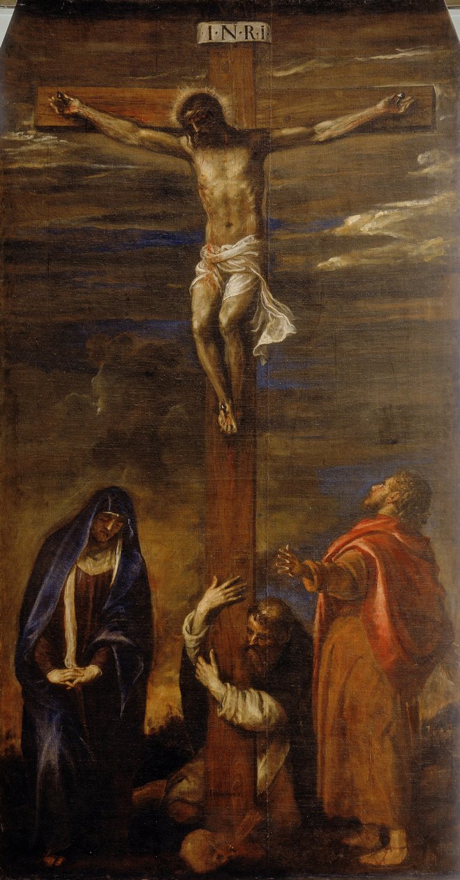 Kristus på korset med Jungfrun, Sankt Johannes och Sankt Dominikus av Tiziano Vecelli