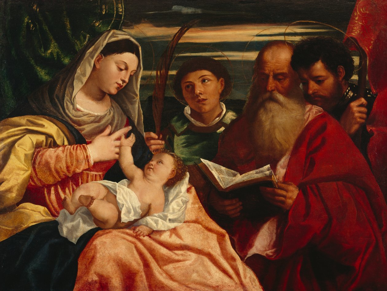 Madonna och barn med Saints Stephen, Jerome och Maurice (olja på duk) av Titian (c.1488 1576) (after)
