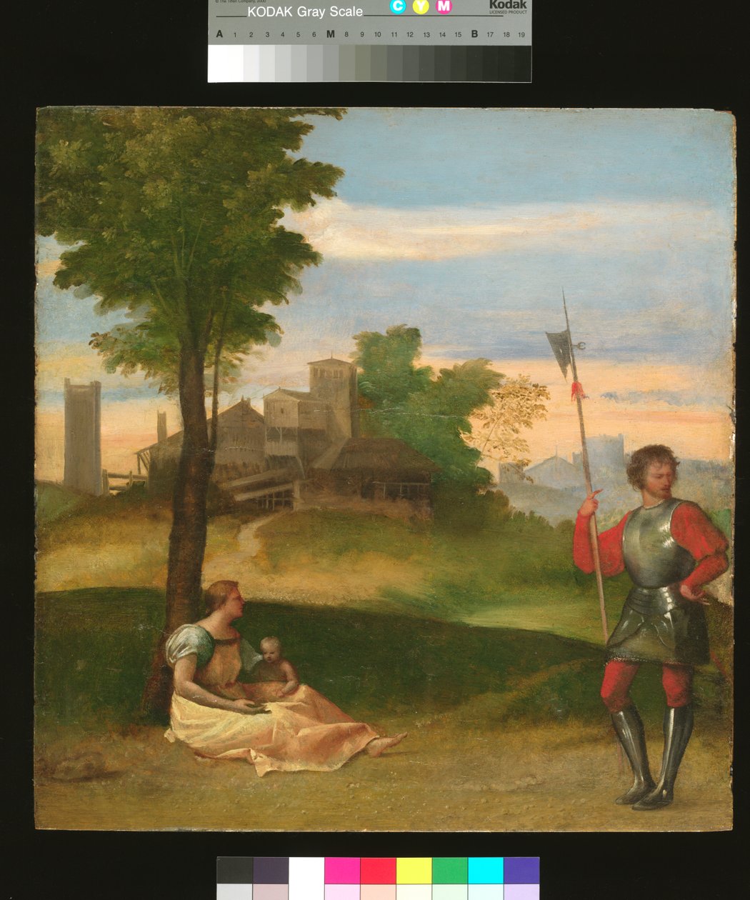 En idyll: En mor och en halberdier i ett skogslandskap, ca 1505-10 (olja på pannå) av Titian (c.1488 1576) (attr. to)