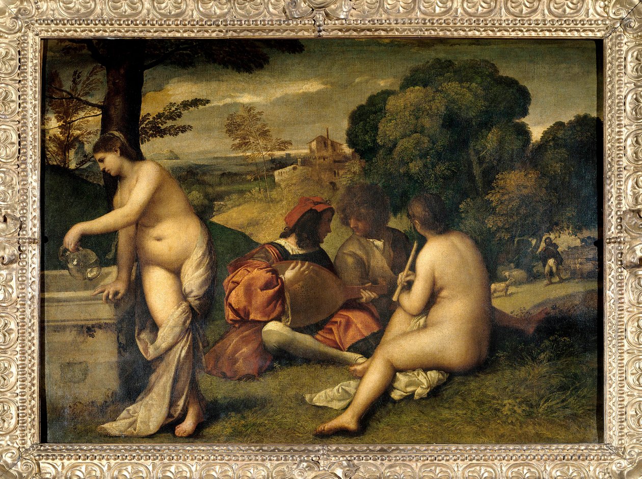 Bandkonserten Musiker på gräset, de två kvinnorna är nakna, en av dem fyllde hennes kanna med vatten i en fontän. Målning tillskriven Tiziano Vecellio dit le Titian (1485-1576) eller Giorgio da Castelfranco dit Giorgione (1476/1478-1510) Sön. 1,05 X 1 av Titian (c.1488 1576) (attr. to)