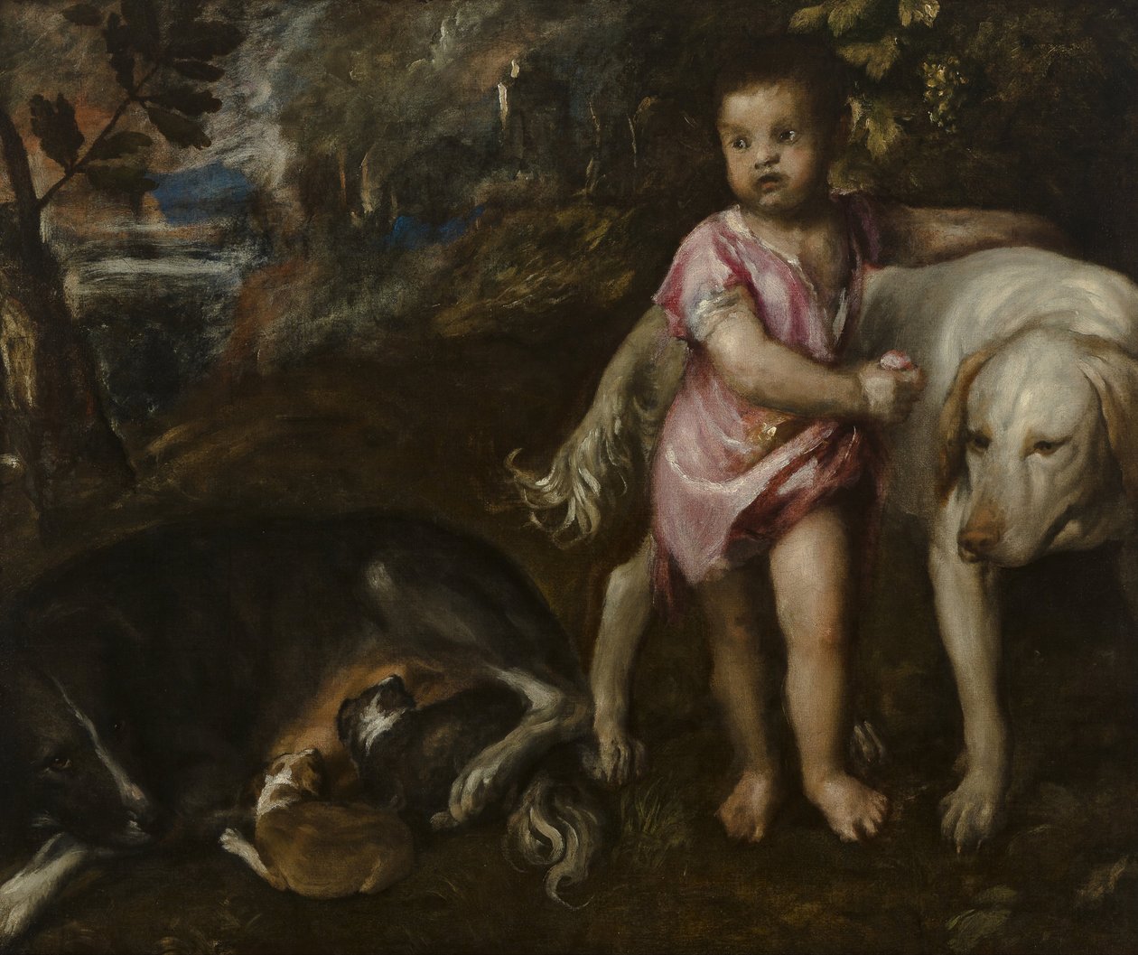 Pojke med hundar i ett landskap av Titian (c.1488 1576)